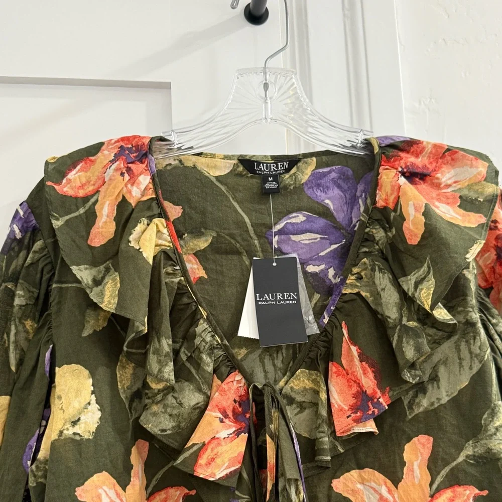 NWT Lauren Ralph Lauren dark green button down puff sleeve top w/ floral pattern - Picture 4 of 10